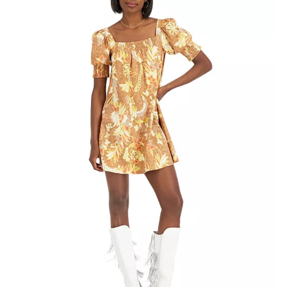 INC International Concepts Orange/Brown Floral Print Short Sleeve Mini Dress. M